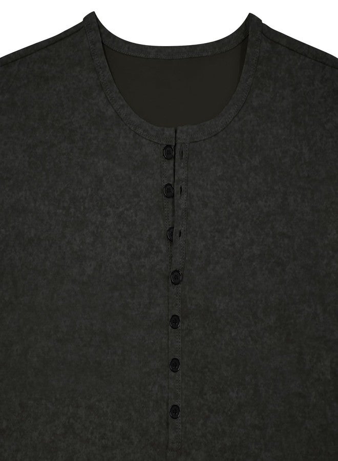 Gnvviwl Retro Henley Shirts for Men Short Sleeve Distressed Casual Button Slim Fit Tee Shirts Black - Image 3